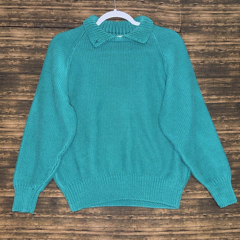 Vintage 80s Gap Clothing Co Teal Chunky Cotton Knit Sweater Mock Collar Size L